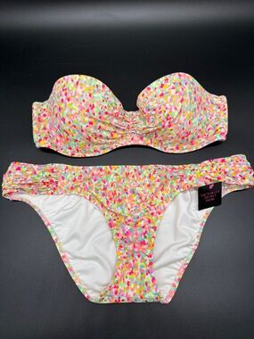 Victoria's Secret Neon Confetti Bandeau Bikini Top Worn Sz 34-C Bottoms NWT Sz M